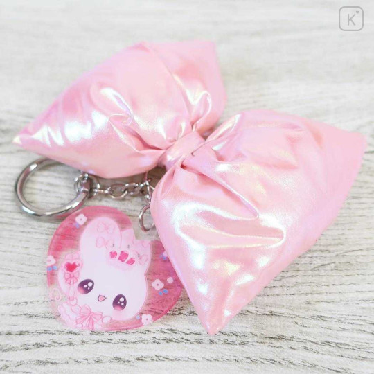 Japan Kamio Swaying Ribbon Charm Keychain - Heisei Retro Magical Berry Rabbit Pink Big Glossy Pearlescent - 2