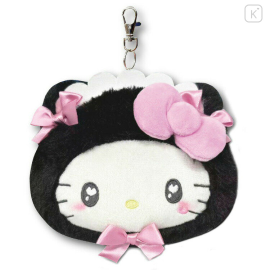Japan Sanrio Face Pass Case Coin Case with Reel - Hello Kitty : Nekoneko Maid Black - 1