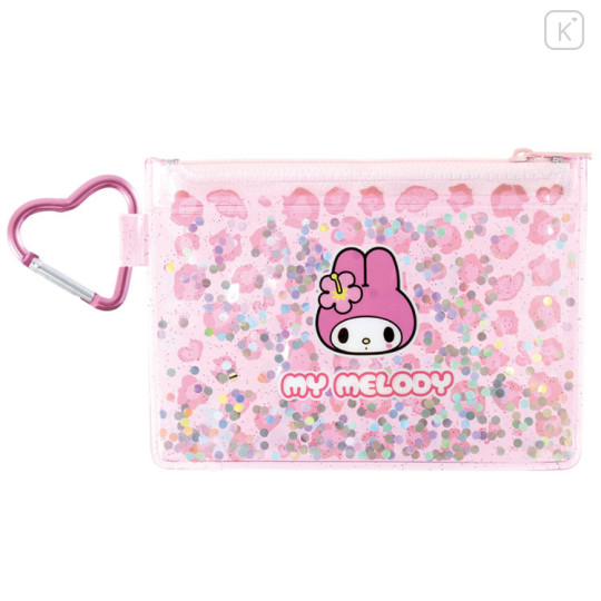 Japan Sanrio Clear Pouch with Carabiner - My Melody : Y2K Sparkling Leopard Pink - 1