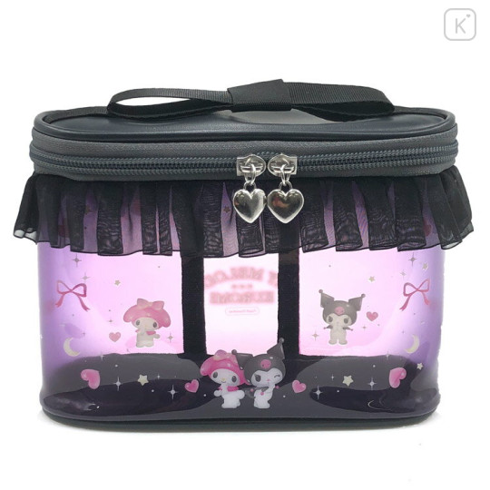 Japan Sanrio Vanity Pouch - Kuromi & My Melody : Dream Black Pink Frill - 1