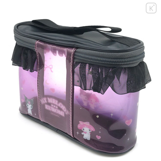 Japan Sanrio Vanity Pouch - Kuromi & My Melody : Dream Black Pink Frill - 2