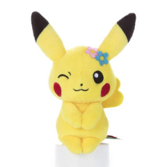 Japan Pokemon Chokkorisan Sitting Plush Doll - Pikachu : Flower