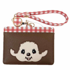 Japan Monchhichi Pass Case Card Holder & Reel - Smile Red Gingham