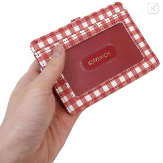 Japan Monchhichi Pass Case Card Holder & Reel - Smile Red Gingham - 2