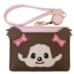 Japan Monchhichi Pass Case Card Holder & Reel - Smile Pink Ribbon