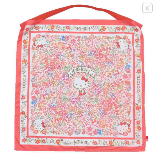 Japan Sanrio Rootote Satin Eco Shopping Bag - Hello Kitty : Tablo Scarf Style Botanical Red - 1