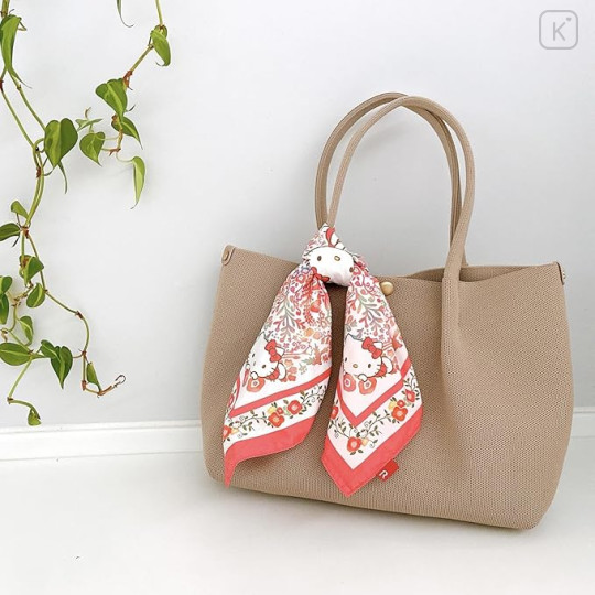 Japan Sanrio Rootote Satin Eco Shopping Bag - Hello Kitty : Tablo Scarf Style Botanical Red - 7
