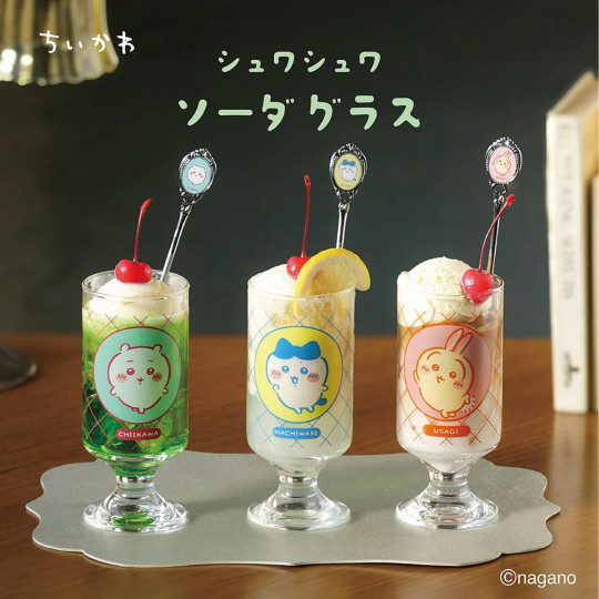 Japan Chiikawa Ice Cream Soda Glass - Usagi : Retro Cafe Showa Footed Parfait & Dessert Glass with Floral Design - 3