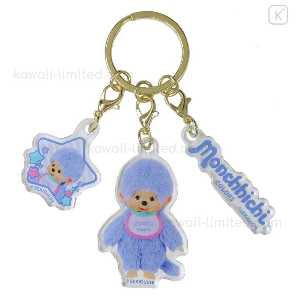 Japan Monchhichi Acrylic Keychain 3 Charm - Colors Purple Blue
