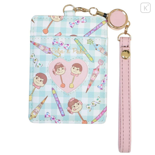 Japan Peko Chan Pass Case Card Holder & Reel - Milky Candy Ghingham Pink Blue - 1