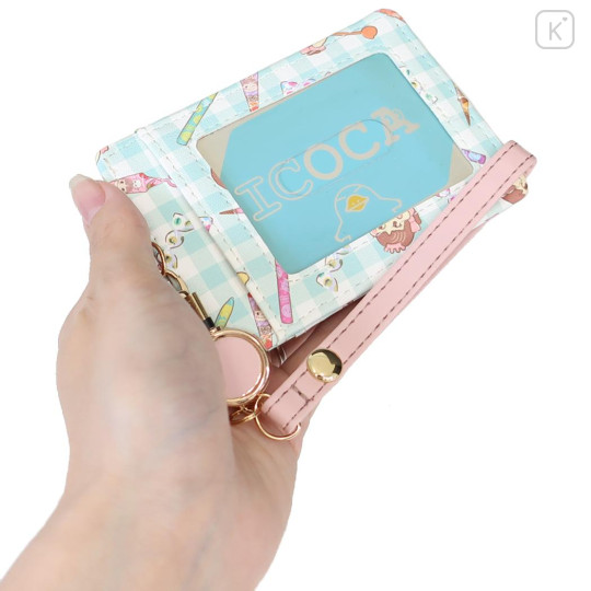 Japan Peko Chan Pass Case Card Holder & Reel - Milky Candy Ghingham Pink Blue - 2