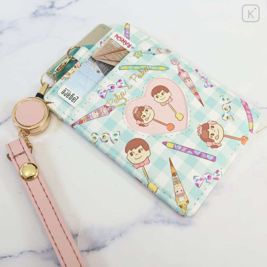 Japan Peko Chan Pass Case Card Holder & Reel - Milky Candy Ghingham Pink Blue - 3