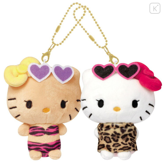 Japan Sanrio Mascot Holder Connecting Set - Hello Kitty & Hello Mimmy : Y2K Gal Swimsuit Tan Leopard Zebra Sunglasses - 1