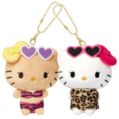 Japan Sanrio Mascot Holder Connecting Set - Hello Kitty & Hello Mimmy : Y2K Gal Swimsuit Tan Leopard Zebra Sunglasses