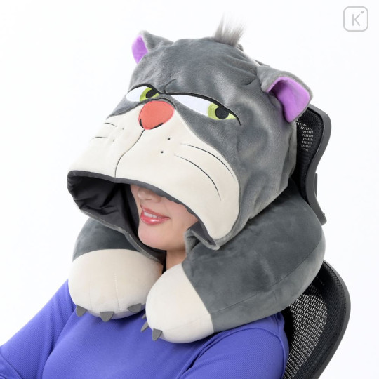 Japan Disney Store Travel Fluffy Neck Pillow Cushion - Cinderella : Cat Lucifer Hood - 1