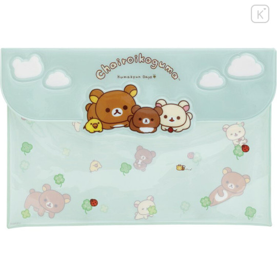 Japan San-X Original PVC Flat Clear Case with Snap Button - Rilakkuma : Chairoikoguma's Kumakyun Days Green - 1