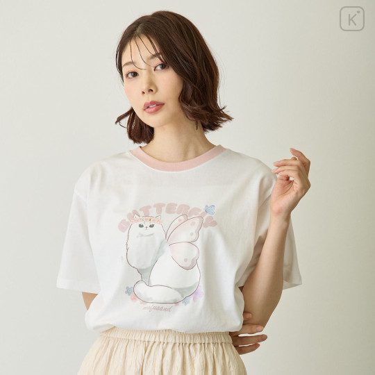 Japan Mofusand T-shirt (M) - Butterfly Momohane Cat White - 4