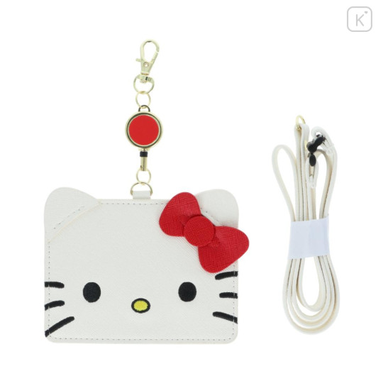 Japan Sanrio Pass Case Card Holder with Retractable Reel Neck Strap - Hello Kitty : Face - 1