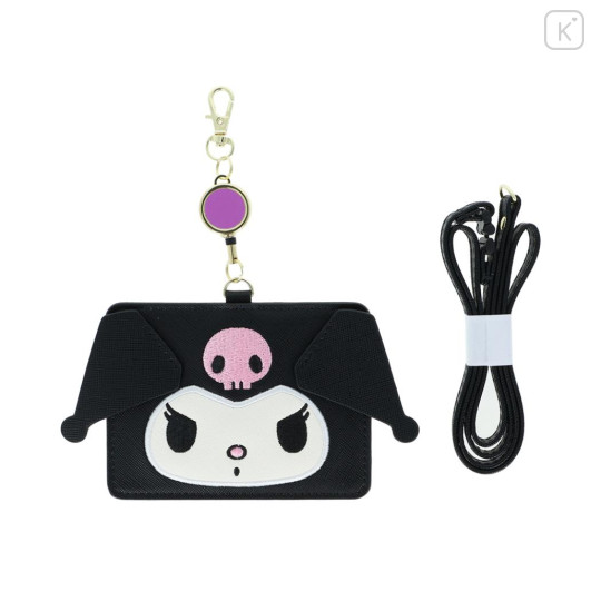 Japan Sanrio Pass Case Card Holder with Retractable Reel Neck Strap - Kuromi : Face - 1
