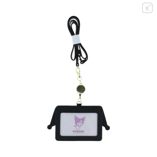 Japan Sanrio Pass Case Card Holder with Retractable Reel Neck Strap - Kuromi : Face - 2