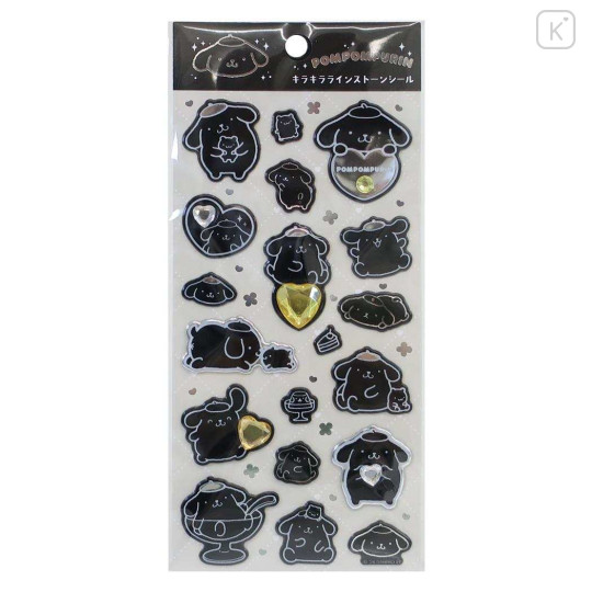 Japan Sanrio Puffy Sticker - Pompompurin : Monochrome Silver Foil Glitter Rhinestone - 1