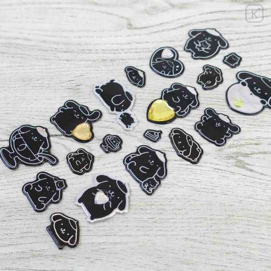 Japan Sanrio Puffy Sticker - Pompompurin : Monochrome Silver Foil Glitter Rhinestone - 2