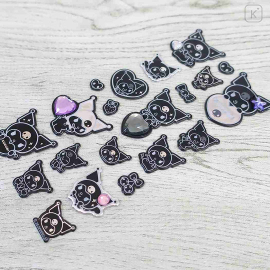 Japan Sanrio Puffy Sticker - Kuromi : Monochrome Silver Foil Glitter Rhinestone - 2