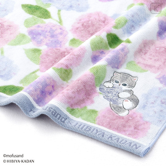 Japan Mofusand Hibiya Kadan Face Towel - Flower Cat Hydrangea Purple - 3