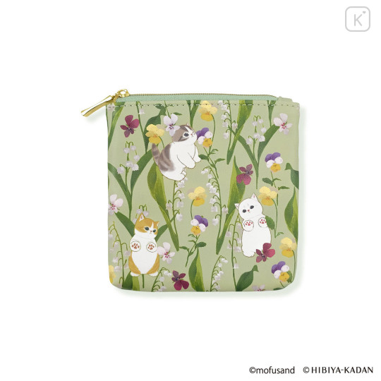 Japan Mofusand Hibiya Kadan Flat Mini Pouch - Flower Cat Green - 1
