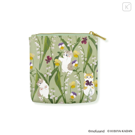 Japan Mofusand Hibiya Kadan Flat Mini Pouch - Flower Cat Green - 4