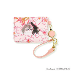 Japan Mofusand Hibiya Kadan Bifold Pass Case Card Holder with Reel - Flower Cat Sakura Pink