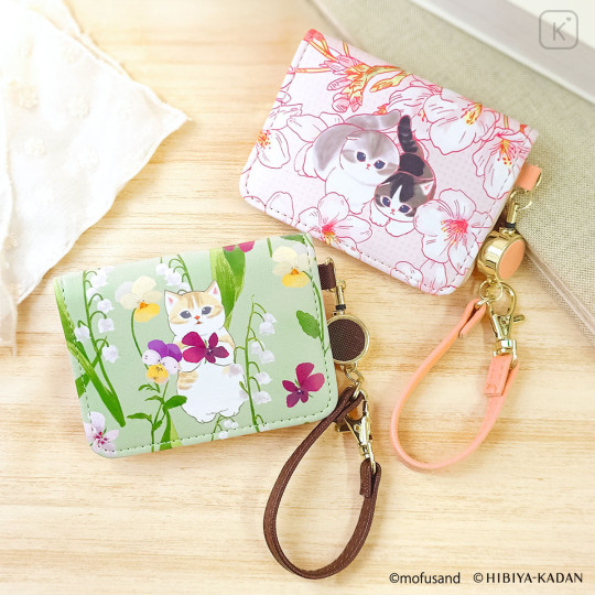 Japan Mofusand Hibiya Kadan Bifold Pass Case Card Holder with Reel - Flower Cat Sakura Pink - 2