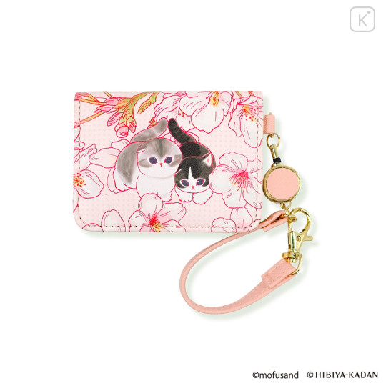 Japan Mofusand Hibiya Kadan Bifold Pass Case Card Holder with Reel - Flower Cat Sakura Pink - 3