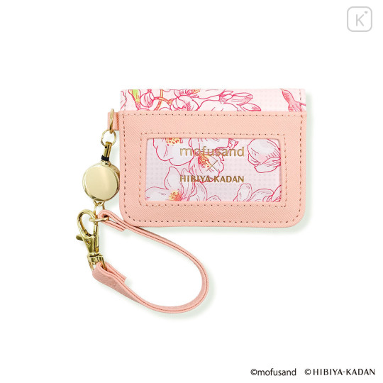 Japan Mofusand Hibiya Kadan Bifold Pass Case Card Holder with Reel - Flower Cat Sakura Pink - 4