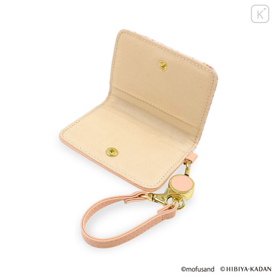 Japan Mofusand Hibiya Kadan Bifold Pass Case Card Holder with Reel - Flower Cat Sakura Pink - 5