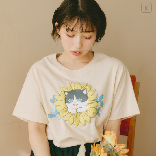 Japan Mofusand Hibiya Kadan T-shirt (M) - Sunflower Flower Cat - 2