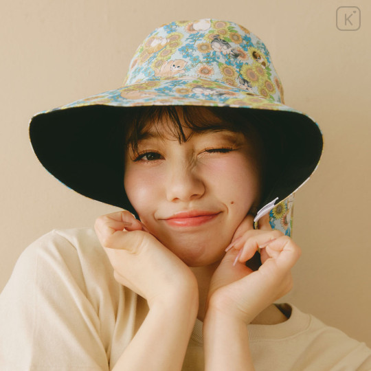Japan Mofusand Hibiya Kadan Reversible Wide Brim Sun Hat - Sunflower Flower Cat Black - 3