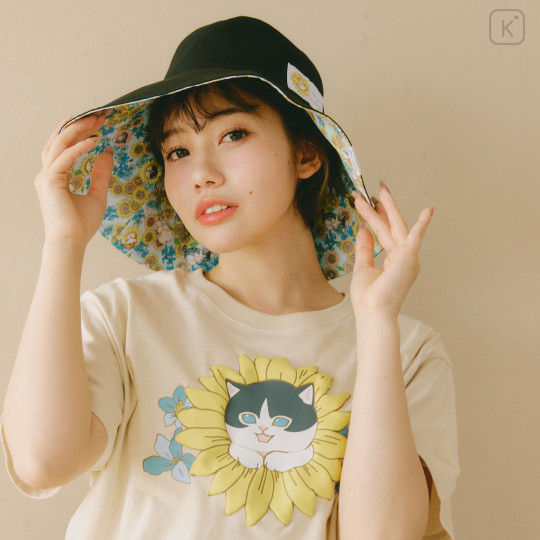Japan Mofusand Hibiya Kadan Reversible Wide Brim Sun Hat - Sunflower Flower Cat Black - 4