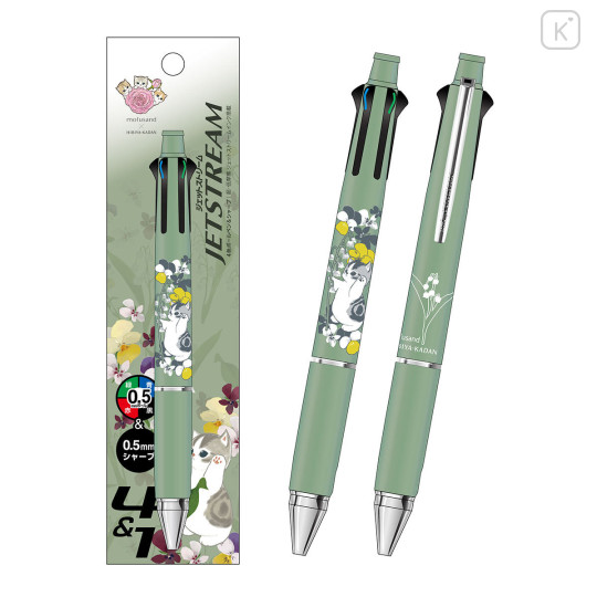 Japan Mofusand Hibiya Kadan Jetstream 4&1 Multi Ballpoint Pen + Mechanical Pencil - Flora Spring Cat Green - 1