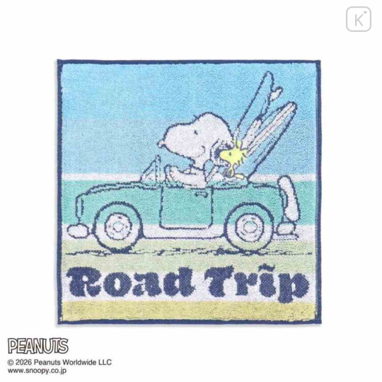 Japan Peanuts Mini Towel Handkerchief - Snoopy : Road Trip Light Blue - 1