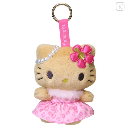 Japan Sanrio Mascot Holder Bag Charm - Hello Kitty : Tan Sunburned Leopard Pink Dress - 1