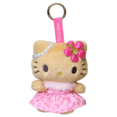 Japan Sanrio Mascot Holder Bag Charm - Hello Kitty : Tan Sunburned Leopard Pink Dress