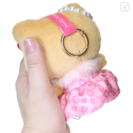 Japan Sanrio Mascot Holder Bag Charm - Hello Kitty : Tan Sunburned Leopard Pink Dress - 2