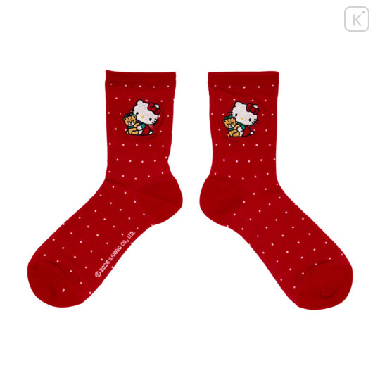 Japan Sanrio Original Crew Socks - Hello Kitty & Tiny Chum : Embroidery Red Retro Nostalgia - 1