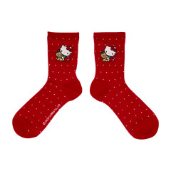Japan Sanrio Original Crew Socks - Hello Kitty & Tiny Chum : Embroidery Red Retro Nostalgia