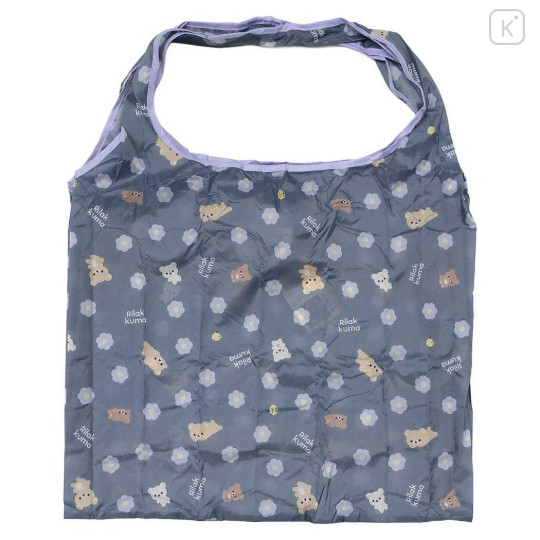Japan San-X Eco Shopping Bag With Pouch - Rilakkuma : Basic Rilakkuma Flower Grey All Over Pattern - 1