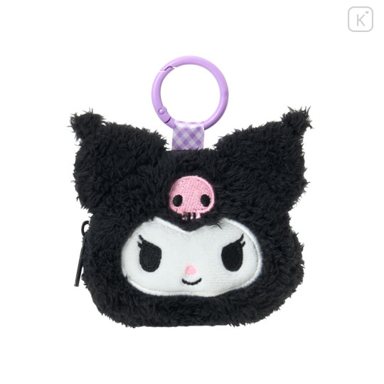 Japan Sanrio Original Fluffy Mini Pouch with Carabiner - Kuromi : Face - 1