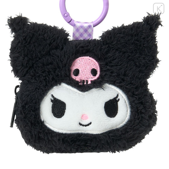Japan Sanrio Original Fluffy Plush Mini Pouch with Carabiner - Kuromi : Face - 2