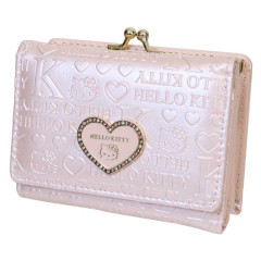 Japan Sanrio Clasp Trifold Wallet - Hello Kitty : Patent Leather Pearl Pink Gold Heart Embossed
