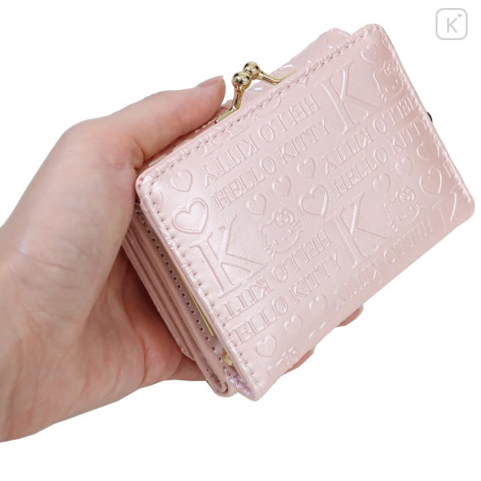 Japan Sanrio Clasp Trifold Wallet - Hello Kitty : Patent Leather Pearl Pink Gold Heart Embossed - 2
